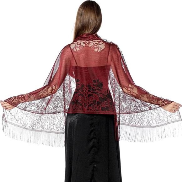 Women's Floral Lace Scarf Shawl with Tassels, Soft Mesh Fringe Wraps - Picture 1 of 6